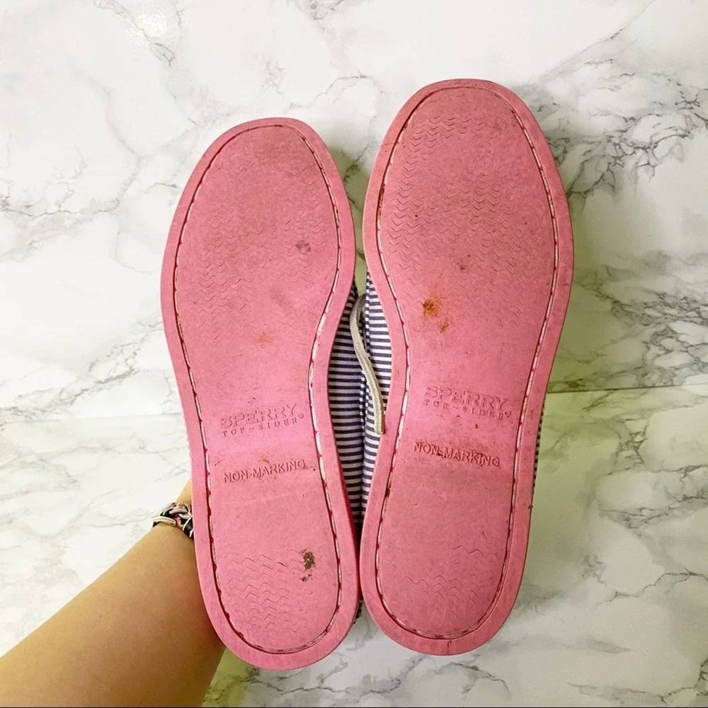 Sperry Top-Sider‎ J. Crew Boat Shoes Womens 6.5 Blue White Striped Pink Sole
